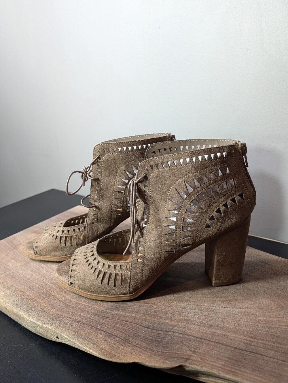 Women’s Taupe Suede Laser-Cut Block Heel Sandals